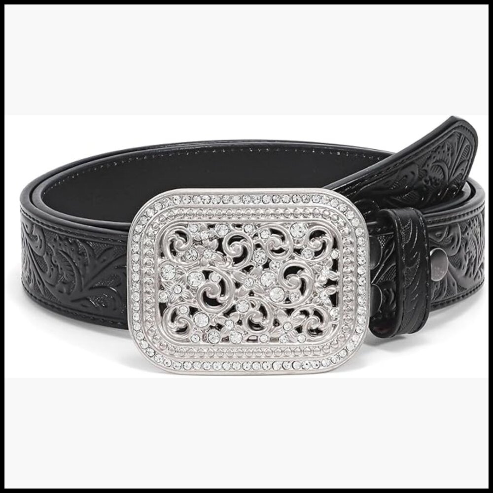 Genuine Leather Western Belt with Silver Diamond Buckle